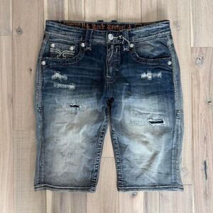 Y2K 2000s Rock Revival blue jorts distressed details and silver hardware Sz 34